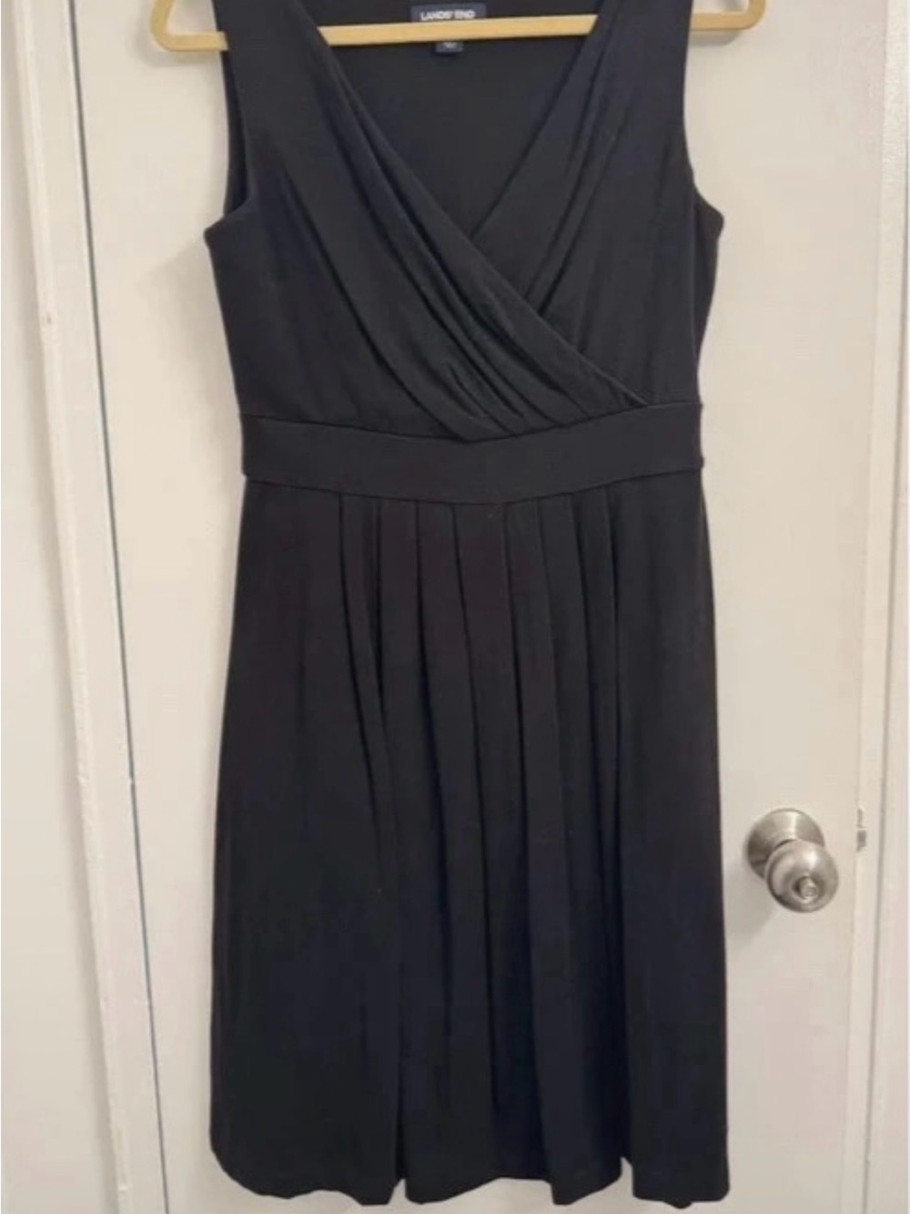 Lands' End Black Sleeveless Wrap-Front Pleated Dress